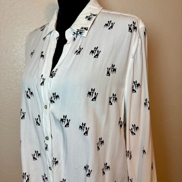 Jane & Delancey Boston Terrier Dog Print Button Down Top White Black Size XL - Picture 5 of 14